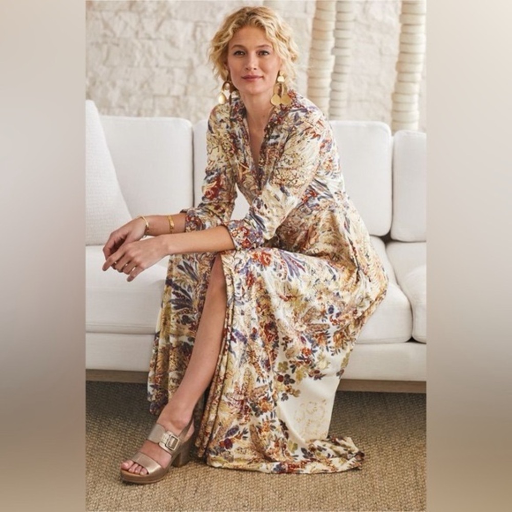 Soft surroundings metallic floral print shirt dress size large